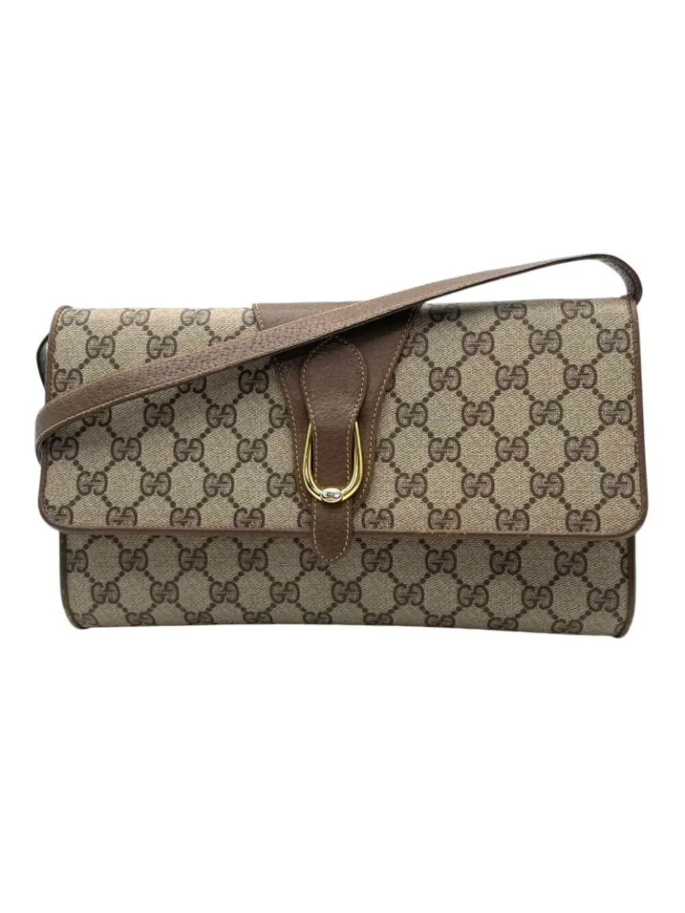 Gucci Shoulder Bag Crossbody Vintage GG Plus Leather Gray Brown Gold Simple